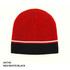 Acrylic two-tone beanie in red, white, and black, featuring a logo.