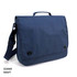 A navy blue laptop bag with an adjustable strap and a top handle, featuring a flap closure and branding.