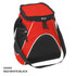 A red, white, and black cooler bag with a zippered top and adjustable shoulder strap. It features mesh side pockets and a logo.
