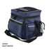 A navy and white cooler bag with multiple pockets and a mesh side pocket, featuring a black strap and zip closures.
