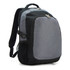 A grey and black backpack with a main compartment, a front pocket, and side mesh pockets, featuring a logo.