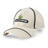 A cream cap with black piping and a logo on the front. It features a structured baseball-style design.