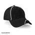 A black and white cap with a curved brim and contrasting stitching, featuring a logo.