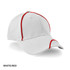 A white cap with red stitching and detailing, featuring a curved peak and a logo.