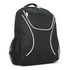 A black backpack with white piping details, featuring a front zip pocket and mesh side pockets. Includes branding.