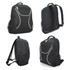 A black backpack featuring mesh side pockets, adjustable straps, and a logo on the front. Various angles are shown.