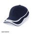 A navy and white cap with a curved peak and a branded logo on the front.