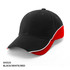 A black cap with red and white accents, featuring a logo on the front and a curved visor.