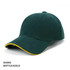 A bottle green cap with a gold accent on the brim, featuring a logo on the front.