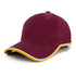 A maroon cap with a yellow trim and a curved brim. It features a logo on the front.
