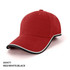 A red cap with white and black accents, featuring a curved brim and a logo.