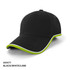 A black cap with lime green accents and a white trim, featuring a logo on the front.