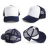 A navy and white Polymesh Trucker Cap featuring mesh panels and a logo on the back.