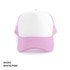 A pink and white Polymesh Trucker Cap with a solid front panel and mesh sides, featuring a logo.
