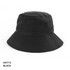 A black polycotton bucket hat with ventilation eyelets and a wide brim, featuring a logo.