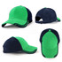 A green and navy cap featuring a logo, showcasing various angles and views of the headwear.