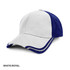 A cap in white and royal blue with a structured design and a logo on the front.