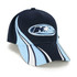 A navy and light blue cap featuring a logo and distinct stripe design. It is part of the headwear category.