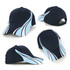 A navy cap with light blue and white design elements, featuring a logo on one side.