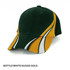 A cap featuring a bottle green, white, and Aussie gold design, with a logo on the front and curved lines.