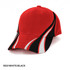 A red, white, and black cap with a stylish design and a logo on the front.