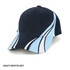 A navy, white, and sky blue cap with a curved design and a logo on the front.