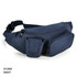 A navy waist bag featuring multiple zippered compartments and side pockets, complete with a logo.