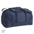 A navy duffle bag with multiple zippered compartments and handles, featuring a logo on the side.