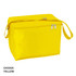 A yellow 12 can cooler bag with a zippered top and a side handle, featuring a logo.