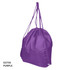 A purple drawstring bag with two shoulder straps and a cinched top, featuring a logo.