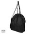 A black drawstring bag featuring a simple design and adjustable twin cords, also includes a logo.