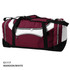 A maroon and white duffle bag with black accents and multiple compartments. It features a logo on the side.