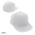 A white cap with a structured design, featuring a logo and visible stitching details.