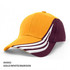 A cap featuring a gold top with maroon and white trim, along with a branding logo.
