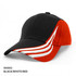 A black, white, and red cap with a distinctive design and a logo on it.