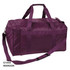 A maroon duffle bag with handles and an adjustable shoulder strap, featuring a logo and multiple compartments.