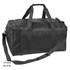 A black duffle bag with sturdy handles and a detachable shoulder strap, featuring multiple compartments.