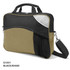 A black and khaki conference bag with a zip closure, shoulder strap, and mesh pocket. It features a logo.