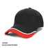 A black cap with white and red detailing, featuring a curved brim and a branded logo.