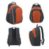 A black and orange backpack with multiple compartments, side mesh pockets, and adjustable straps. It features a logo.