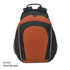 A rust and black backpack with mesh side pockets and a top handle, featuring a front zippered pocket and logo.
