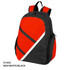 A red, white, and black backpack with a modern design and one visible logo. Features padded straps and zippered compartments.