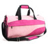 A pink and dark pink duffle bag with dual handles and a shoulder strap, featuring a logo.