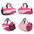 A pink and dark pink duffle bag with multiple handles and a mesh pocket. Logos are present but not specified.