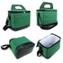 A green cooler bag with a black bottom and handle, featuring a zip closure and an adjustable strap.