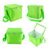 A bright green cooler bag with a zip closure and an adjustable strap, featuring multiple angles and an open top view.