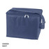 A navy cooler bag with a zippered closure and an adjustable strap, featuring a logo on the front.