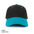 A black cap with a teal brim, featuring a logo on the front and ventilation holes.