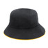 A black bucket hat with a yellow highlight along the brim and a small logo detail.