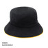 A black bucket hat with a gold trim and an attached logo. Suitable for various outdoor activities.